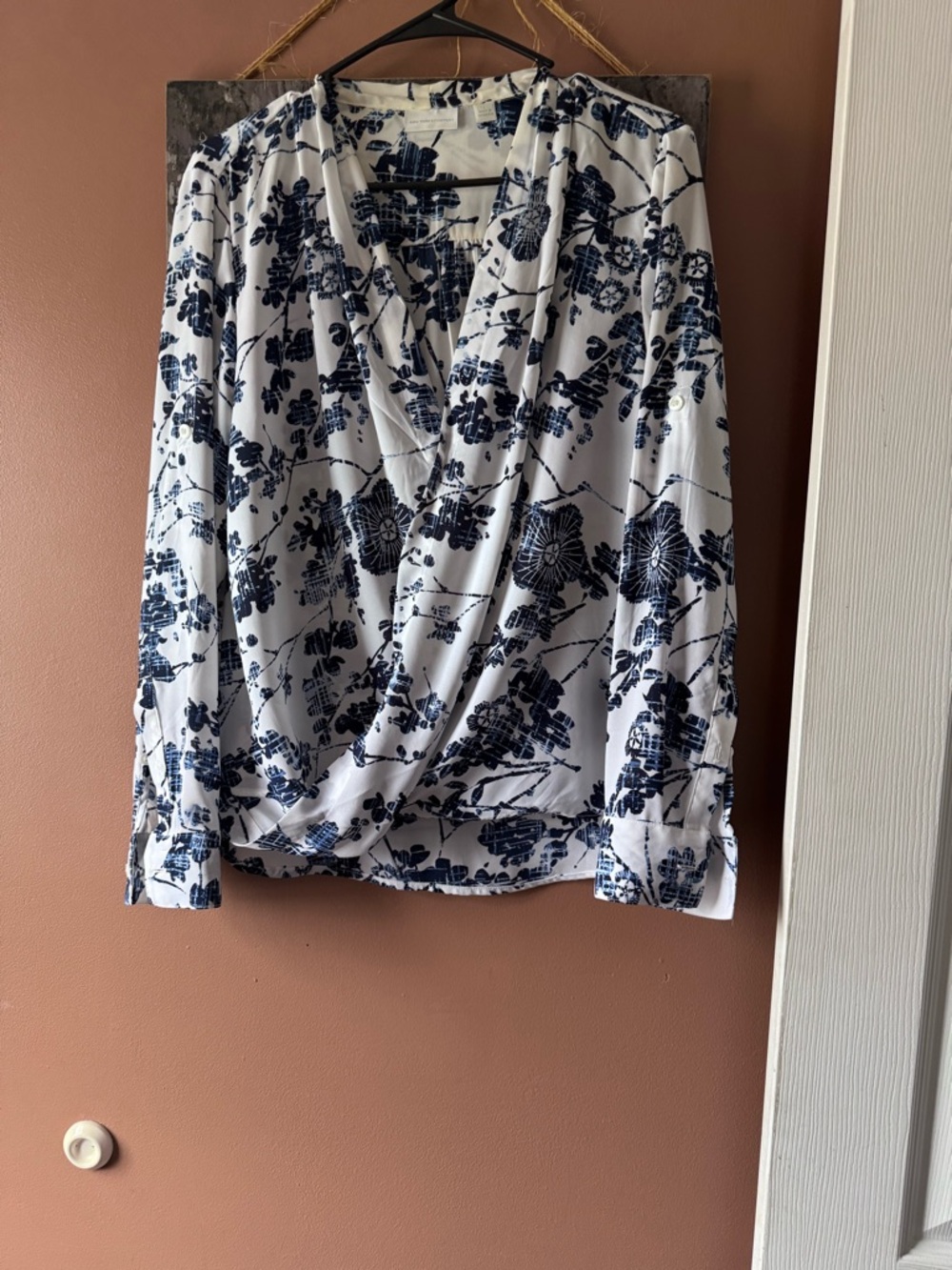 New York & Company Navy Floral Wrap-Style Top on White